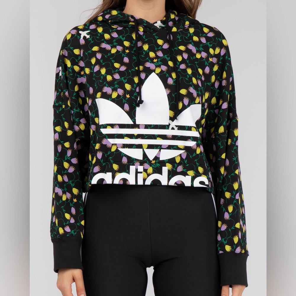 Adidas Black Floral Hoodie with White Logo-Large